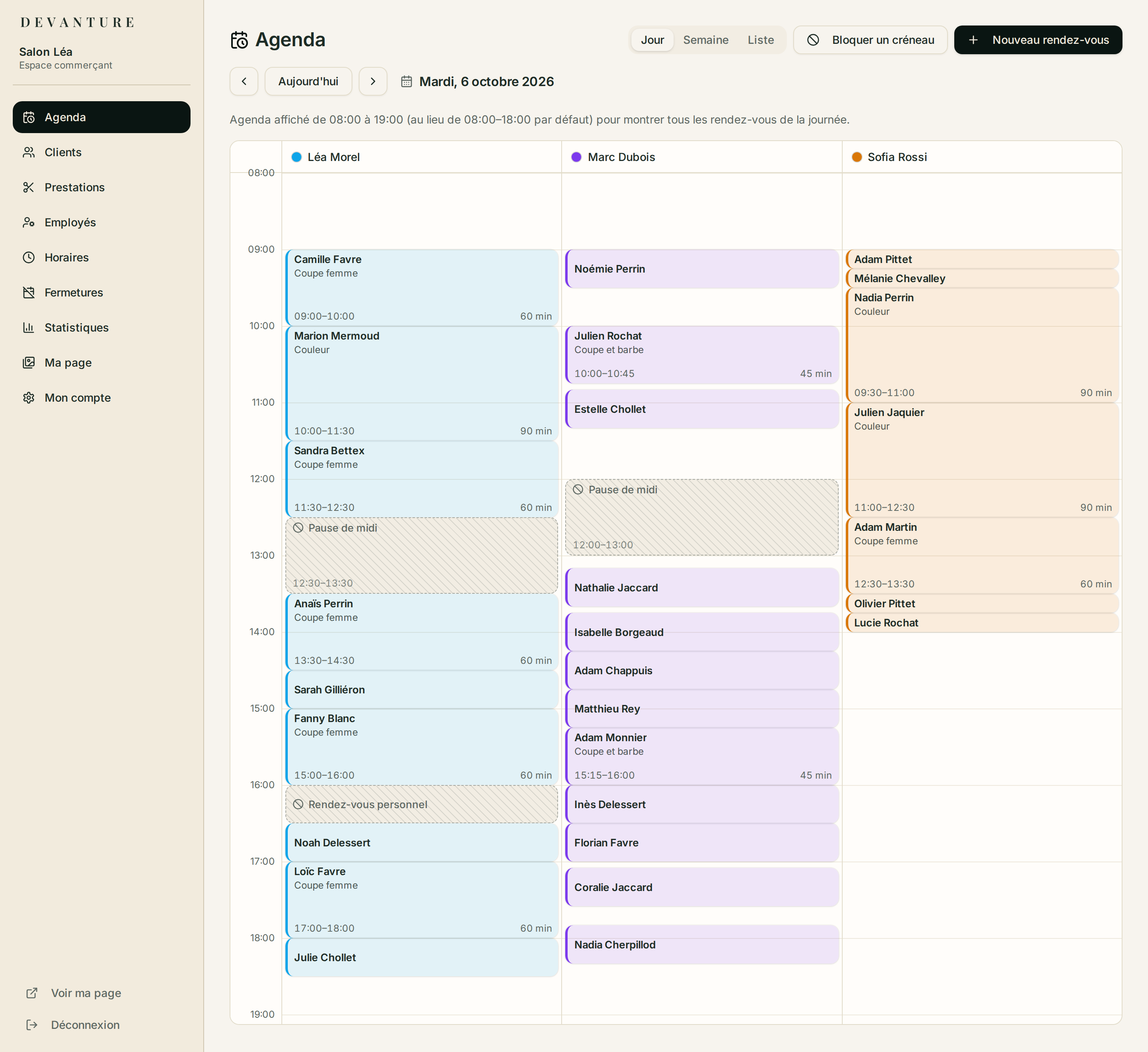 L’agenda Devanture : une journée à trois collaborateurs, rendez-vous, pauses et durées