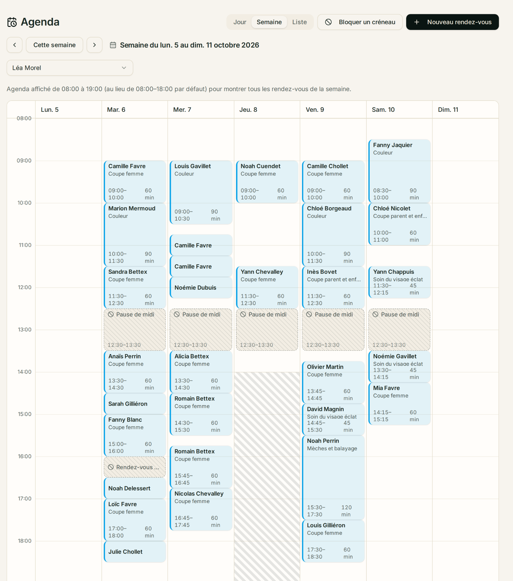 L’agenda Devanture en vue semaine : la semaine de Léa Morel du 5 au 11 octobre, rendez-vous, pauses de midi et rendez-vous personnel, de 8h à 19h