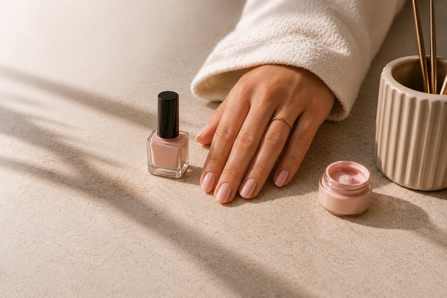Mains posées dans la lumière, vernis rose poudré